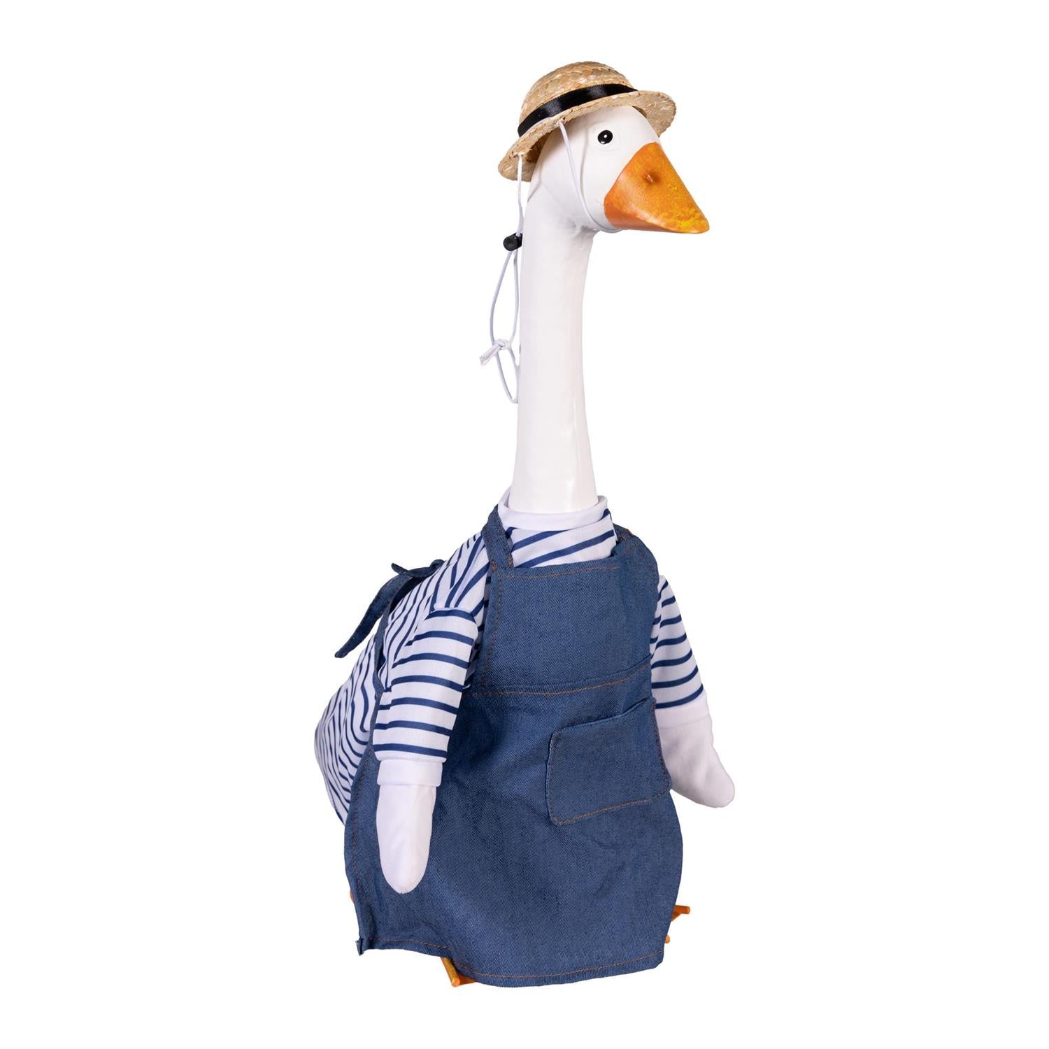 Giddy the porch goose in gardener outfit